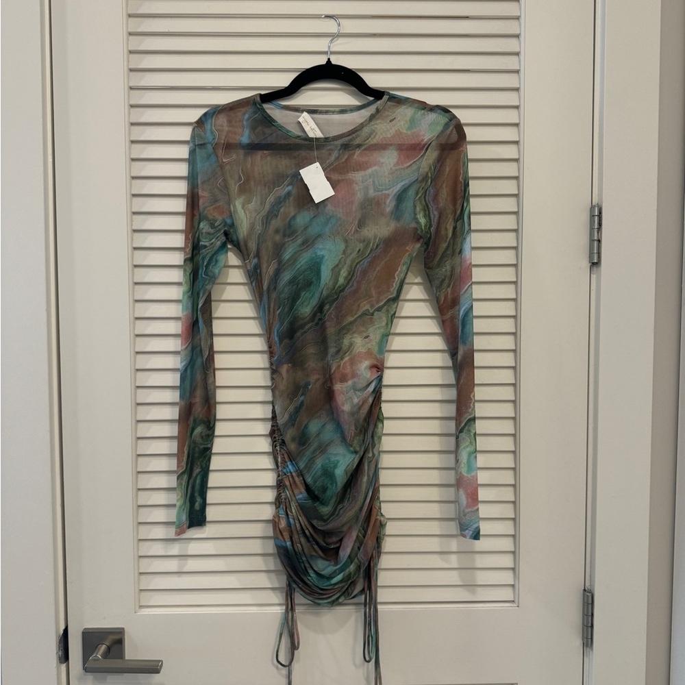 Sheer Mesh See Through Watercolor Ruched Dress